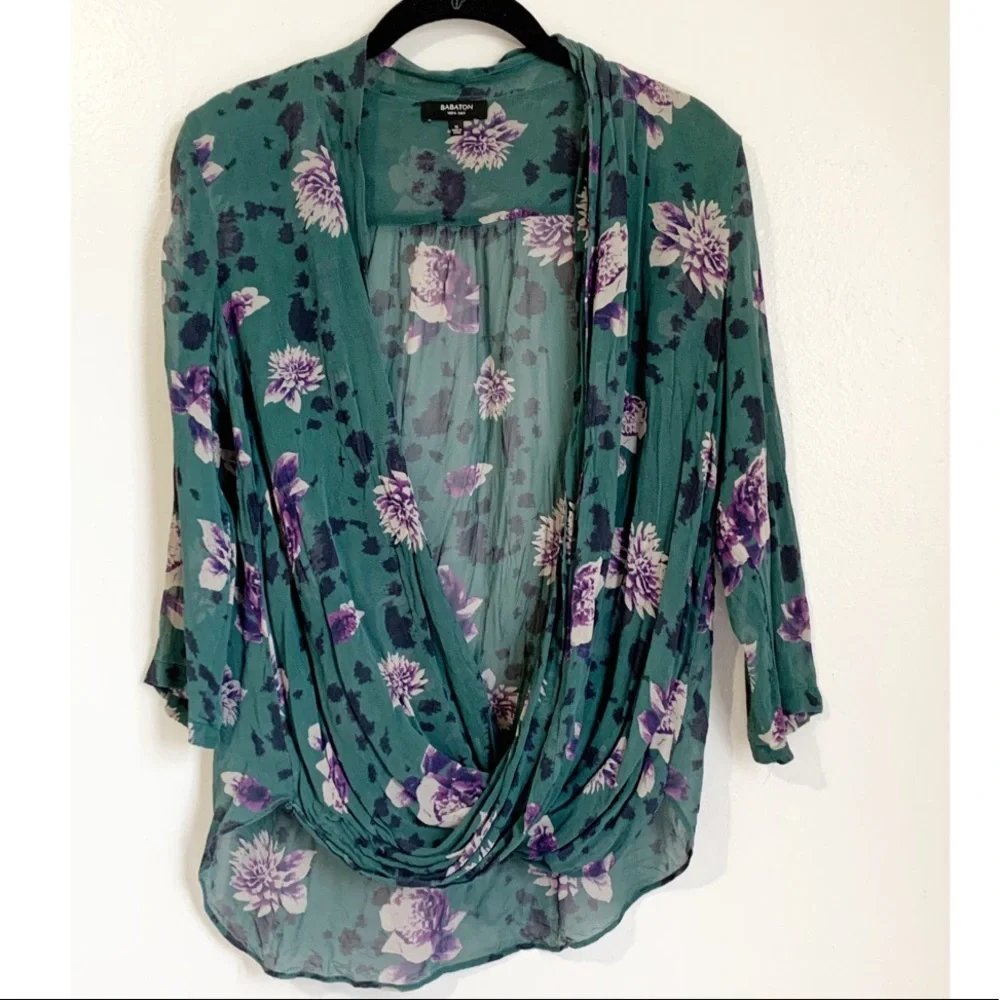Aritzia Babaton Top Women Medium Silk Green Floral Crossover Drape High Low